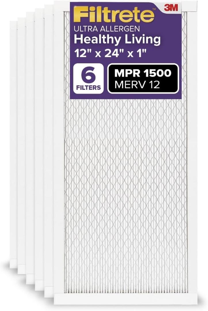 Filtrete 12x24x1 AC Furnace Air Filter, MERV 12, MPR 1500, CERTIFIED asthma & allergy friendly, 3 Month Pleated 1-Inch Electrostatic Air Cleaning Filter, 6-Pack (Actual Size 11.69x23.69x0.78 in)