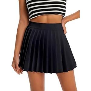 Women's High Waisted Pleated Tennis Skirt School A-Line Skater Mini Skirt with Built-in Shorts Lining (Black, L)