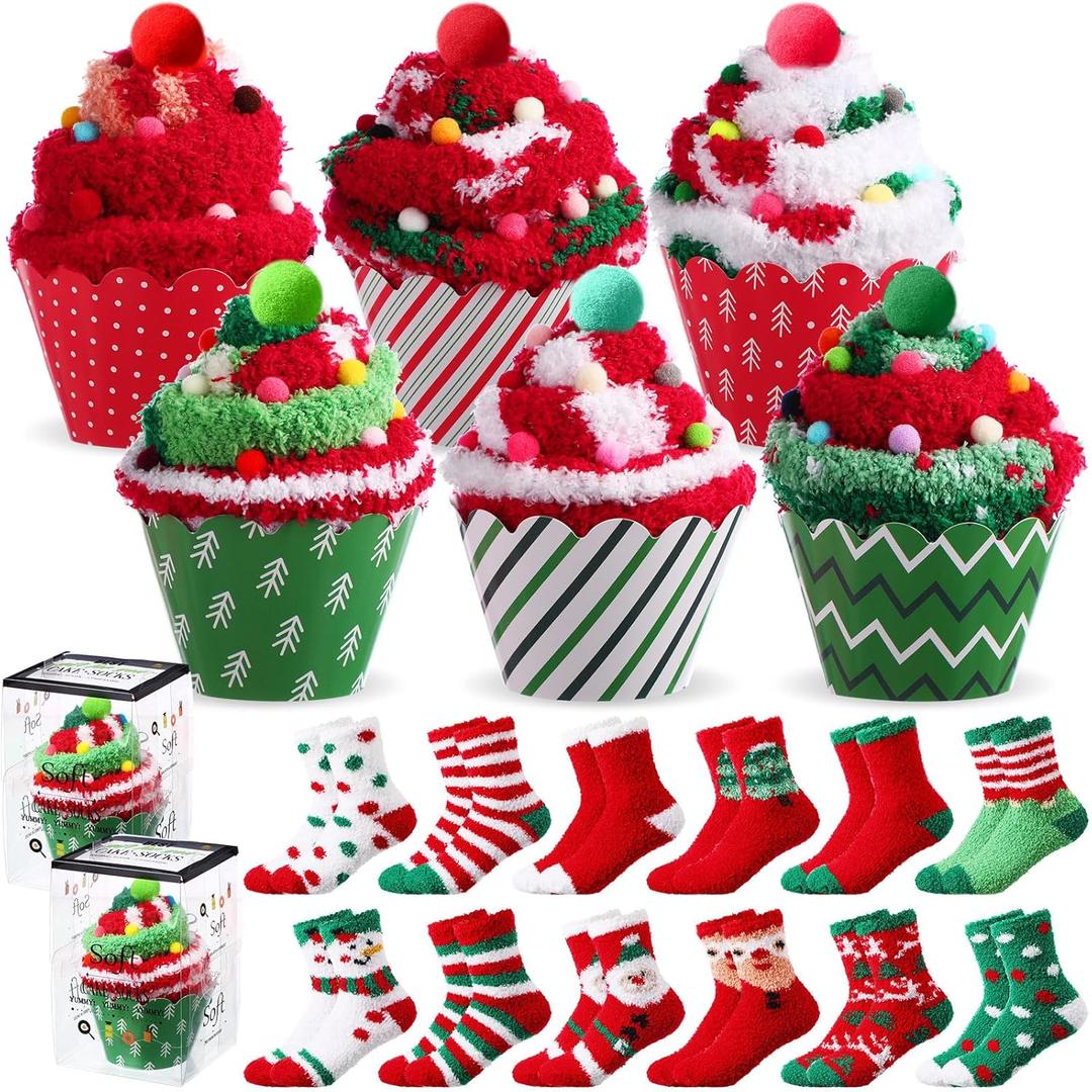 Geyoga 12 Pair Cupcake Socks Bulk Women Heart Fuzzy Socks No Shedding Soft Plush Fluffy Slipper Warm Socks DIY Gifts for Her