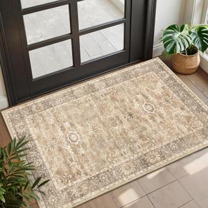 2x3 Entryway Rug Beige Washable Vintage Rugs for Entryway Kitchen Low Pile Non-Slip Door Mat Traditional Distressed Small Throw Area Rugs for Kitchen Entrance Bathroom Beige