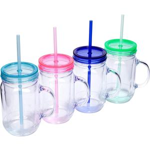 Plastic Mason Jars with Handles, Lids and Straws | 20 oz Double Insulated Tumbler with Straw | 4 Pack Set of 4 | Wide Mouth Mason Jar Mugs | Cups for Kids and Adults