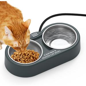 Heated Cat Bowl in Winter, Outdoor Heated Pet Bowl with Double Stainless Steel Bowl 23 OZ, Heated Water Food Bowl for Cat Pet, Thermal Pet Bowl Provide Drinkable Water and Hot Food