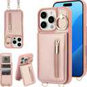 Crossbody Wallet Case for iPhone 14 Pro Max, with Card Slots Zipper Pocket Case, Flip Folio Purse RFID Blocking with Ring Kickstand Detachable Strap-Pink