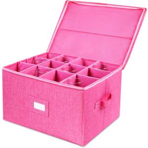 Stemware Storage Cases, Hard Shell Glass Storage Box Containers with dividers for 12 Glasses, Drinkware, Glassware or Crystal 17" x 13" x 10"H (Pink)