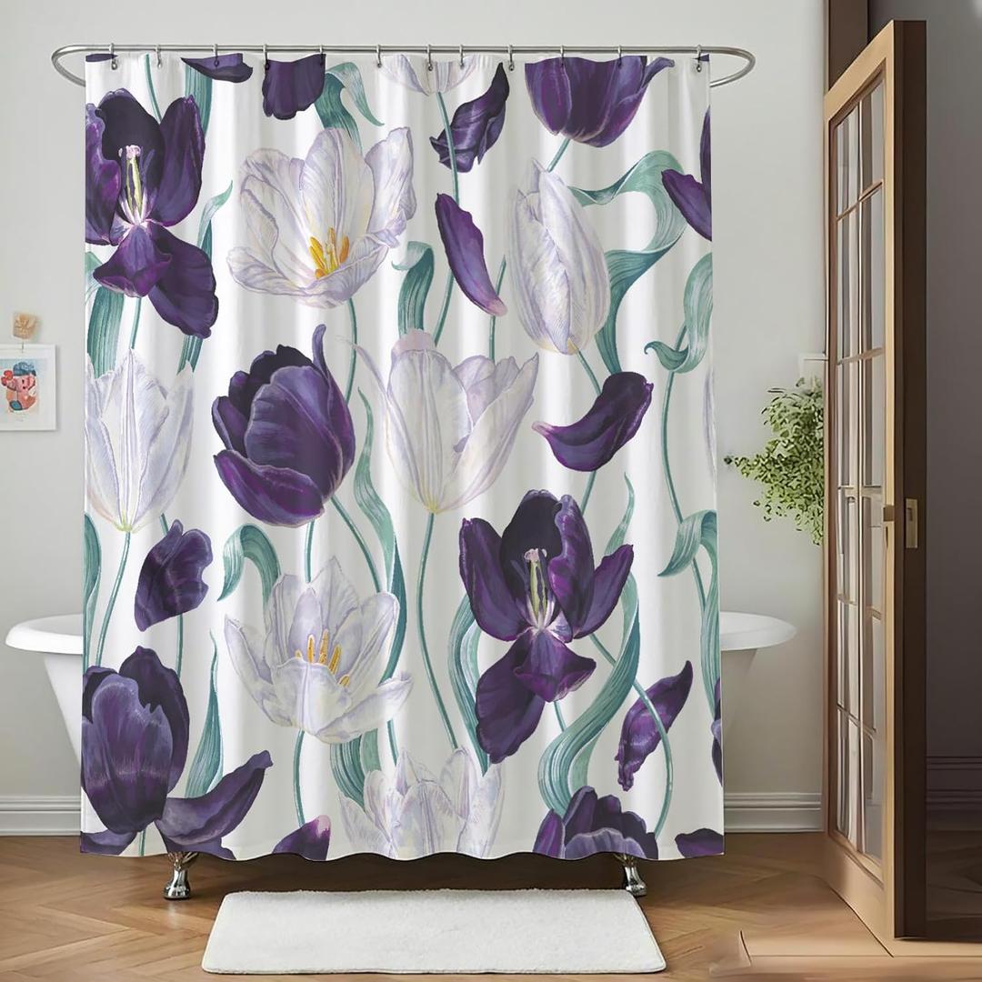 Floral Shower Curtain, Purple White Flower Spring Flowers Pattern on White Background Polyester Fabric Thickening Shower Curtain 72X72Inches