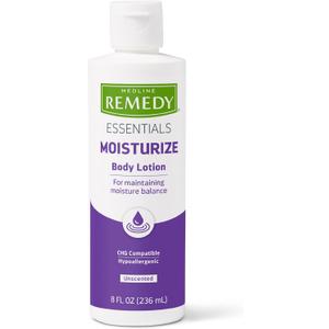 Medline Remedy Essential Moisturizing Body Lotion (8 oz Bottle), 36 Count, Unscented, Hydrating, Soothing For Dry Skin, Smooths & Softens, Non-Greasy, Hypoallergenic, Men, Women, Elderly