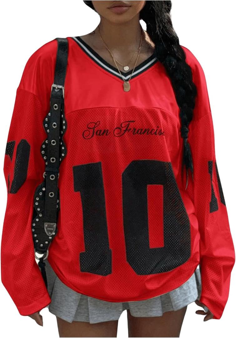 GORGLITTER Women's Oversized Breezy Bowl Jersey Shirt Y2K 90s Long Sleeve V Neck Graphic Streetwear Tops (Red) GORGLITTER Women's Oversized Breezy Bowl Jersey Shirt Y2K 90s Long Sleeve V Neck Graphic Streetwear Tops (Red)