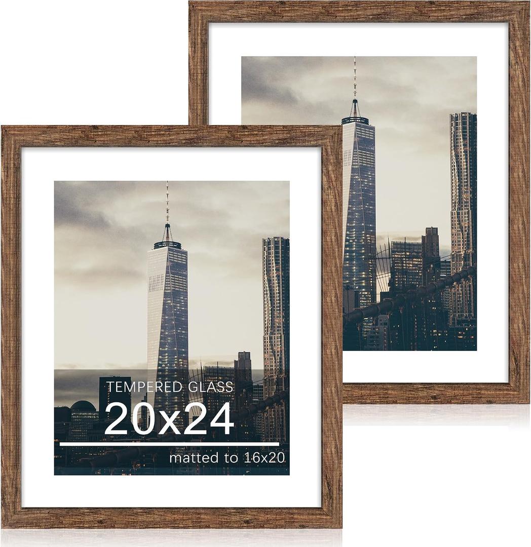 20x24 Picture Frame Set of 2, 20 x 24 Wood Poster Frames with Mat for 16x20, Wooden Photo Frames with Tempered Glass Cover for Wall Display, Rustic Brown, 20x24-2Pack