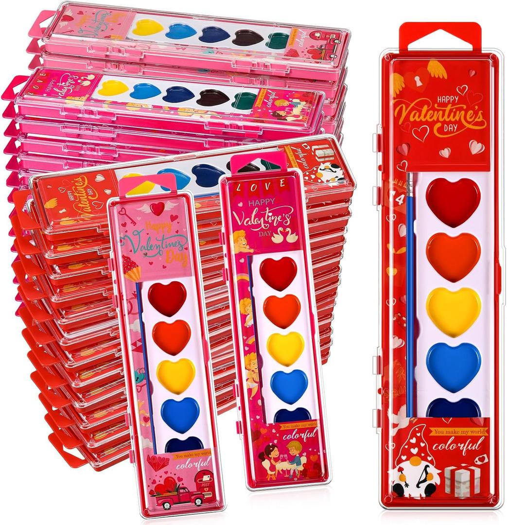 24 Packs Valentines Heart Watercolor Paint Set 8 Washable Colors with Brushes Water Color Painting Kit Party Favor Valentines Gifts Painting Kit for Adult