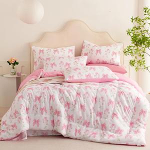 Pink Bow Comforter Set Queen Size Pink Floral Comforter for Girls Kids Romantic Princess Style Bowknot Bedding Set Ultra Soft Reversible Garden Flower Comforter Sets with 2 Pillowcases 3Pcs