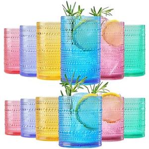 Khen Plastic Hobnail Drinking Glasses Set of 10 Bright Tones Cups 6x 10oz Lowball & 6x 1oz Highball Acrylic Beaded Design, BPA-Free, Dishwasher Safe Indoor/Outdoor Drinkware Water, Juice, Cocktails