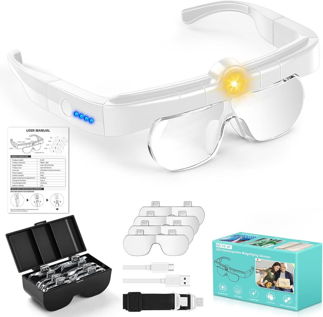 Magnifying Glasses with Lights, 5X 3.5X 2.5X 1.5X Flip-up Rechargeable Hands Free Headband Magnifying Glasses for Close Work with 3 Color Temperature,Professional Jeweler's Loupe Lighted Magnifiers 