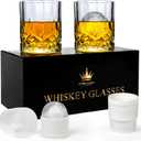 Whiskey Glasses Set of 2 with Ice Ball Molds, 10 oz Crystal Old Fashioned Rocks Glasses, Bourbon Glass in Gift Box, Premium Barware for Whiskey, Scotch, Bourbon, Cognac, Cocktails, Gift for Men
