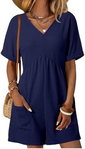 AlvaQ Womens Summer Short Sleeve V Neck High Waist Zipper Romper with Pockets Size M