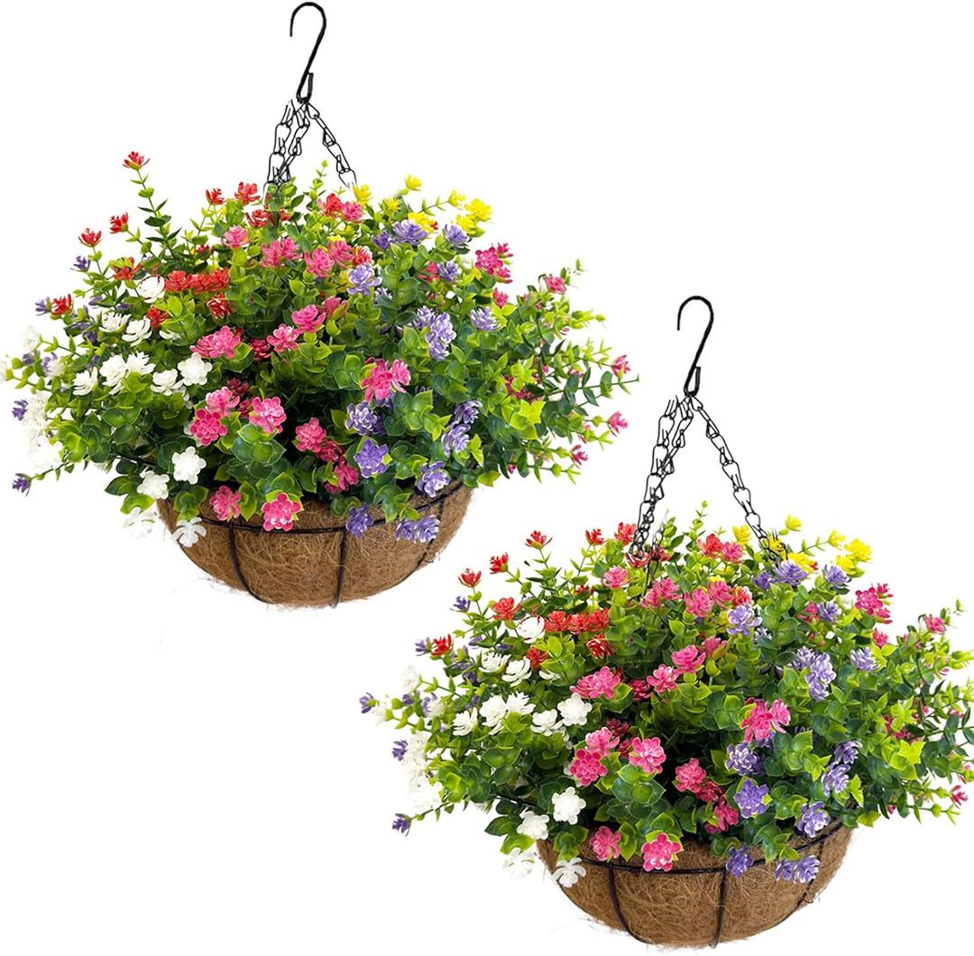 Artificial Hanging Plants Flowers with Basket 2 Packs, Artificial Hanging Flowers for Outdoors, Faux Hanging Plants Outdoor, Fake Flowers, Yellow+Purple+Pink+Red+White+Green