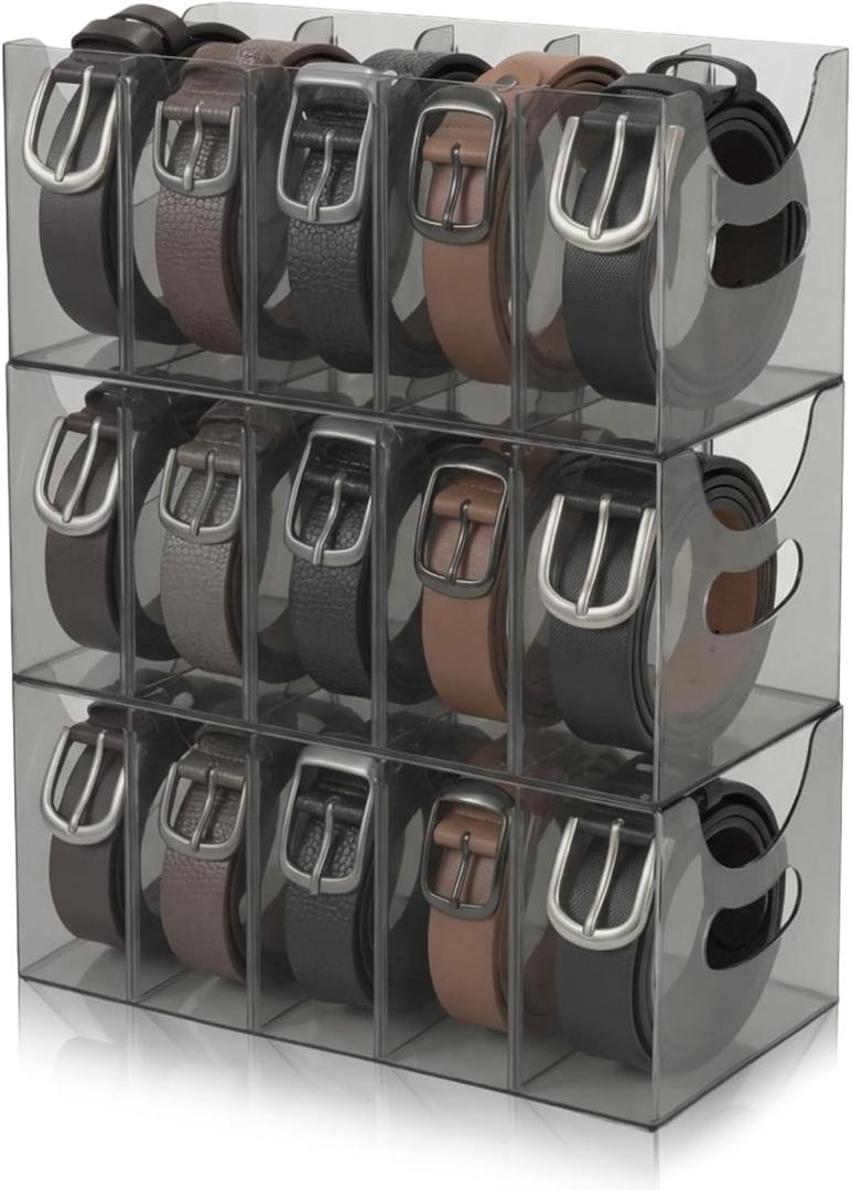 3 Pack Acrylic Belt Organizer Clear Stackable Belt Storage Holder Purse Organizer for Closet - 5 Compartments with Removable Dividers,Display Case Pantry Cabinet Organizers for Ties,Socks,Grey