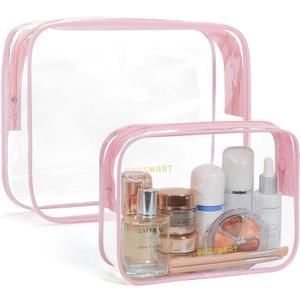 BAGSMART Clear Toiletry Bag, TSA Approved Travel Toiletry Bag Carry On Travel Accessories Bag Airport Airline Quart Size Bags water-resistant Makeup Bag for Women (2 Pack, Medium+Large, Pink)