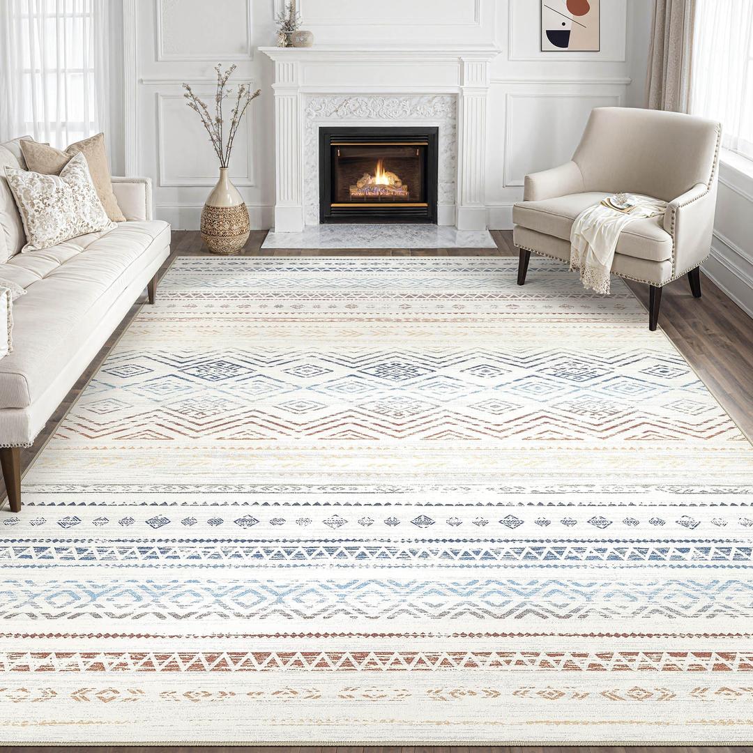 Tortania Area Rug Living Room Rugs- 8x12 Washable Large Soft Neutral Boho Moroccan Bohemian Farmhouse Rug Indoor Floor Carpet for Bedroom Under Dining Table Home Office Decor - Multicolor