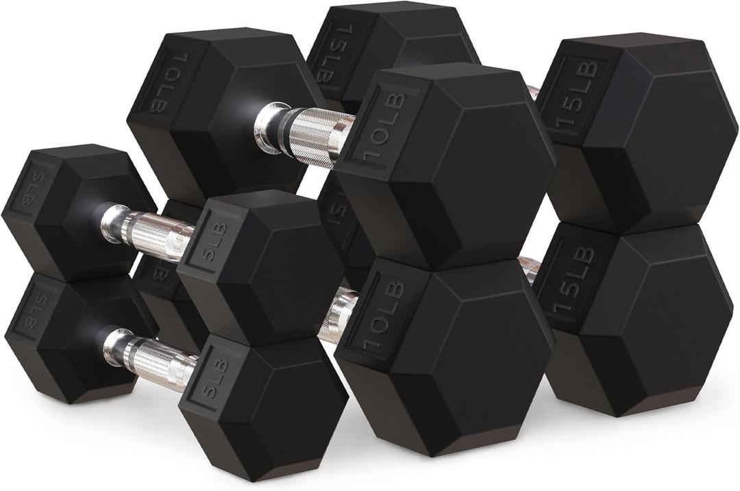 OLIXIS Hex Dumbbells Rubber Coated Hand Weight Set, 60LBS Sets (2x15, 2x10, 2x5 )