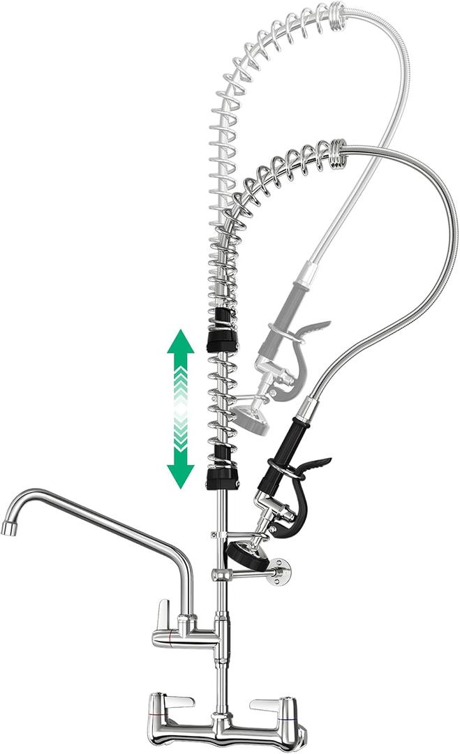 Commercial Sink Faucet with Pre-Rinse Sprayer -Height Adjustable (33-43 inch) Wall Mount Industrial Kitchen Faucet 8 inch Center with Pre-Rinse Sprayer and 12 Inch Swivel Spout