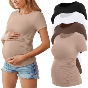 Huukeay 4 Pack Women's Maternity Shirts, Crew Neck Maternity Top Short Sleeve Casual Cotton Tee Side Ruched Pregnancy Clothes (Large, Black, Khaki, Coffee, White)