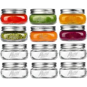 Mason Jars, 8 OZ, Wide Mouth, 12 Pack with Lids and Bands, Glass Canning Jars for Canning, Pickling, Preserving, Jam, Honey, Wedding Favors, Shower Favors (12 Pack, Clear)