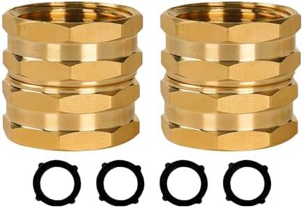 Hourleey Garden Hose Adapter, 2 Pack 3/4 Inch Solid Brass Heavy Duty Hose Connector, Female to Female Connector Repair Fittings with 4 Extra Washers