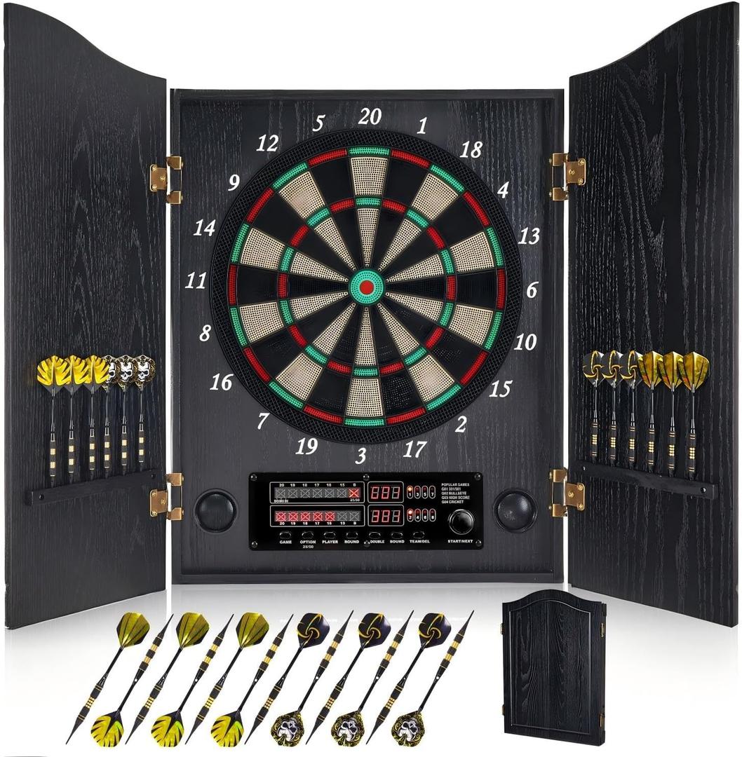 Yirinatek Electronic Dart Board, Decorative Dart Board Cabinet Set for Adults [12*Bronze Soft Tip Darts] [Cricket Game Mode]- Wooden Electric Dartboard Cabinet for Game Rooms - Black