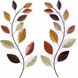 Asense Set of 2 Metal Tree Leaf Wall Hanging Art Decor, 38 Inch Iron Olive Branch Leaf Home Sculptures for Bedroom Living Room Hotel Office