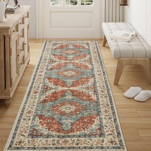 Topllen Runner Rug - 2'6"x8'Boho Washable Kitchen Rug, Non-Slip Soft Low Pile Rugs Indoor for Hallway Hall Living Room Bedroom Sunroom, Vintage Throw Stair Carpet Stain Resistance (Rust, 2.5x8ft)