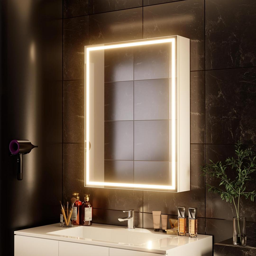 28x20 inch LED Lighted Medicine Cabinet with Mirror, Moisture-Resistant Wood, Stepless Dimmable, 3000K/5500K, Defogger, Adjustable Shelf, Flat-Pack Design – Assembly Required (White)