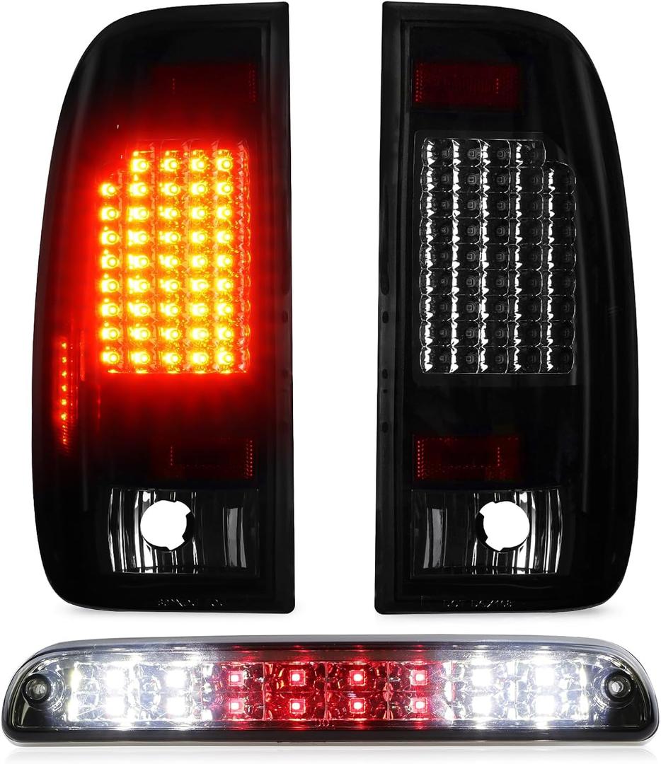 Tail Light + 3rd Third Brake Cargo Lamp for Ford F-250 F-350 F-450 F-550 Super Duty 1999-2007, High Mount Stop Light Rear LED Taillight Assembly Chrome Housing Smoked Lens