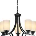MELUCEE 5 Lights Chandeliers for Dining Room Traditional Chandelier Classic Black Pendant Light with Milky White Glass Shade, Mid Century Modern Chandelier for Kitchen Foyer Bedroom