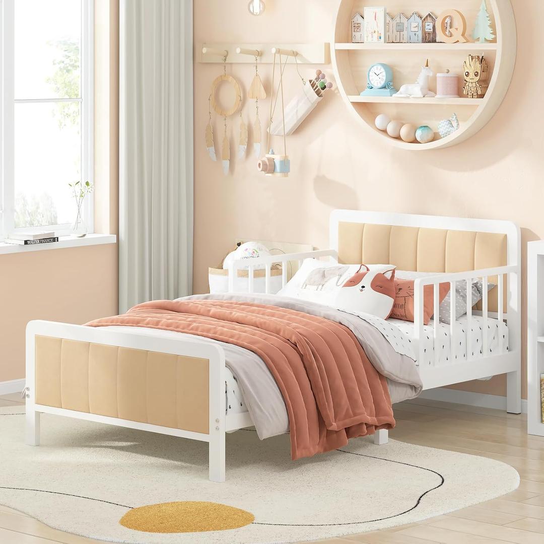 Timy Toddler Bed with Upholstered Bedside, Crib Metal Bed Frame with Safety Guardrails for Boys Girls Toddlers, White