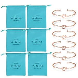 6 Pcs Bridesmaid Jewelry Pouch Gifts, Set of 6 Linen Cotton Small Drawstring Bags with Bridesmaid Knot Bracelets, Bridal Party Favors (Blue)
