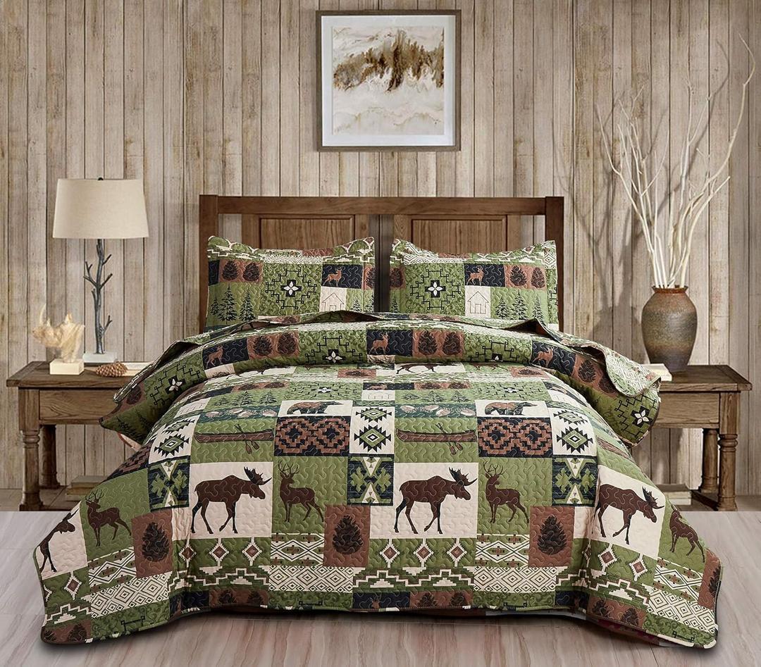 Rustic Lodge Quilt Set Moose Elk Bedspread King Size Forest Bear Deer Quilt Matcha Green Reversible Festive Cabin Coverlets Farmhouse Decor Bed Cover Sets with 2 Pillow Shams Rustic Lodge Quilt Set Moose Elk Bedspread King Size Forest Bear Deer Quilt Matcha Green Reversible Festive Cabin Coverlets Farmhouse Decor Bed Cover Sets with 2 Pillow Shams