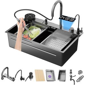 31.5 Inch Black-Grey Nano Kitchen Sink and Waterfall Faucet, 31.5x18x9 Single Bowl Stainless Steel Workstation Kitchen Sink with Digital Display and Faucet Combo Set,Countertop/Drop-in