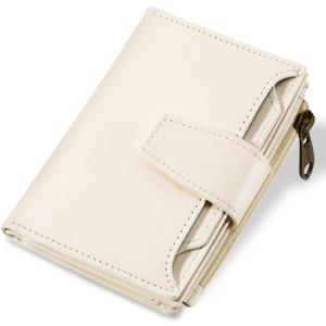 Airkit Small Wallet Women RFID Blocking Soft Leather Bifold Compact Card Holder Wallet for Women with Zipper Coin Pocket 4 ID Window (Off White)