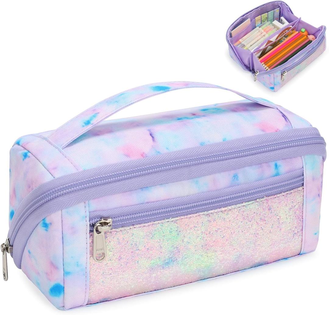 Large Pencil Case for Girls, Aesthetic Pencil Pouch for School, Wide Opening Organizer Box with Handle, Fits 50 Pens & Markers (Glitter Purple Tie-Die)