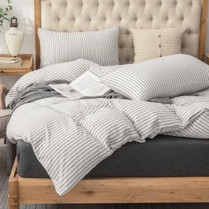 PURE ERA Jersey Knit Duvet Cover Set 100% T-Shirt Heather Cotton Super Soft Comfy Classic Striped Design, with Zipper Closure, Heather White & Black Pinstripe, Queen
