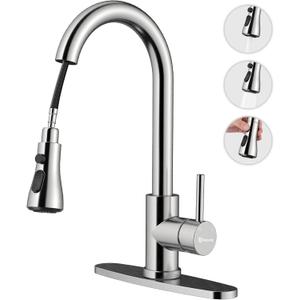 Hauwute Kitchen Faucet with Pull Down Sprayer, Faucet for Kitchen Sink, 3-Function Single Handle Brushed Nickel Kitchen Faucet for Farmhouse & RV