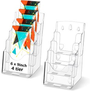 Crtiin 2 Pack 4 Tier Acrylic Brochure Holder Display Stand 6 x 9 Inch, Pamphlet Organizer Flyer Literature Clear Plastic Wall Mount Countertop for Classroom Booklets Magazines Office Home