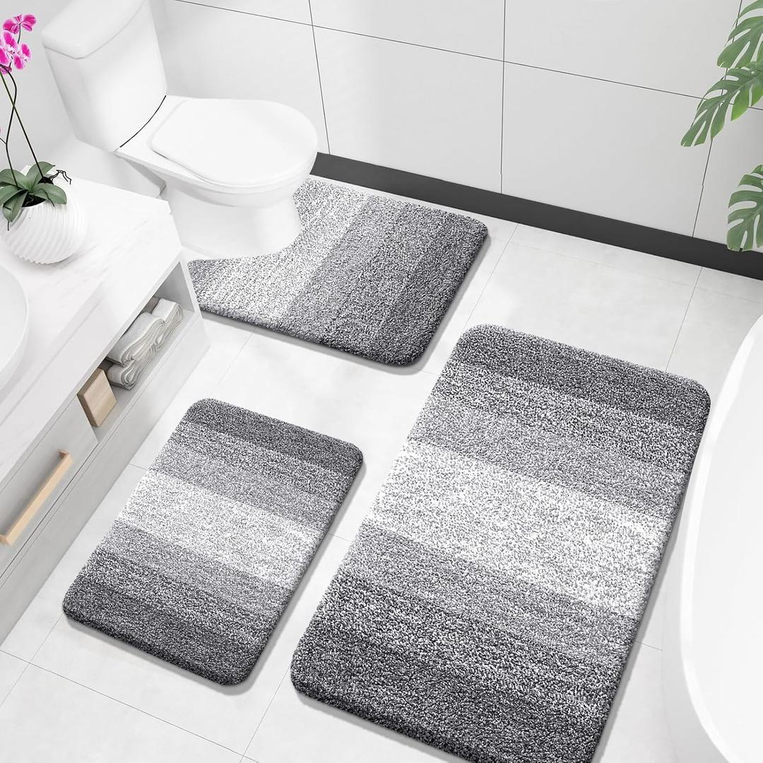 OLANLY Bathroom Rugs Sets 3 Piece, Soft Absorbent Microfiber Bath Mats and U-Shaped Contour Toilet Rug, Plush Shaggy Bath Mat Set for Bathroom (36"x24"+24"x16"+24"x20", Grey)