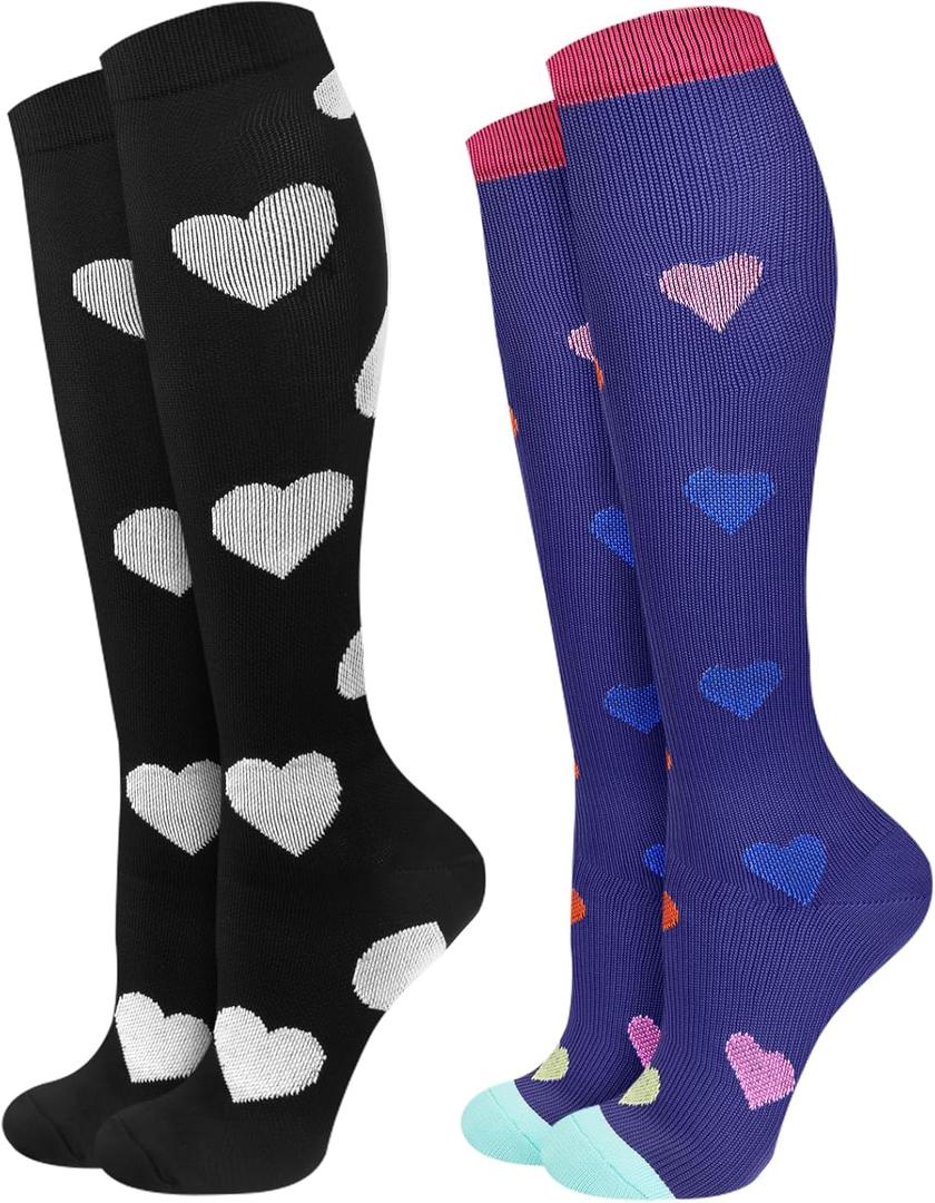 Compression Socks for Women 15-20 mmHg, 2 Pairs | Graduated Support, Knee High Fit, Polyester Stretch, Circulation Comfort, Nurses, Travel, Athletes, Flight, Daily, Patterned