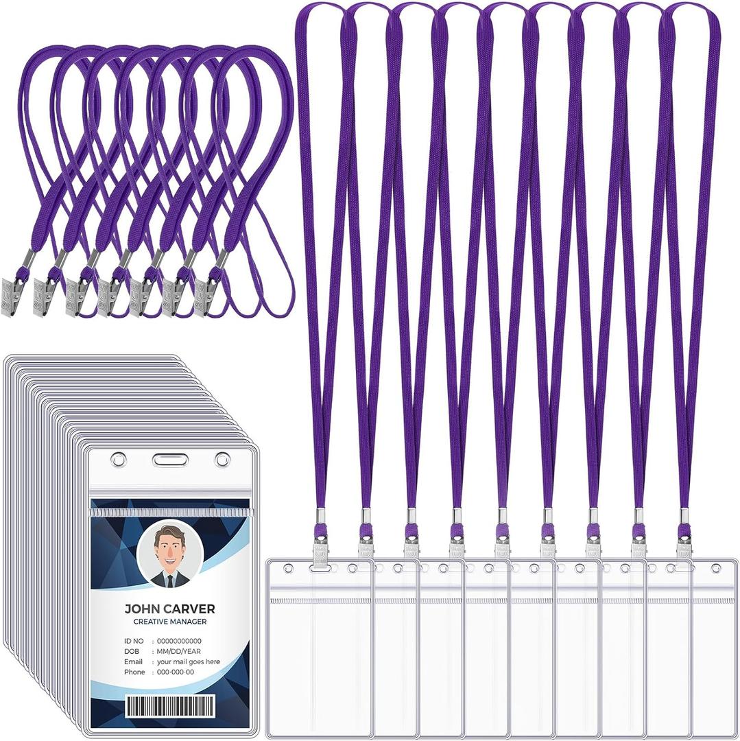 Marspark 100 Pcs ID Badge Holder with Lanyard Lanyards for ID Badges Resealable Flat Neck Name Tag with Clip Waterproof Plastic Clear Badges Bulk for School Office Supplies (Purple)
