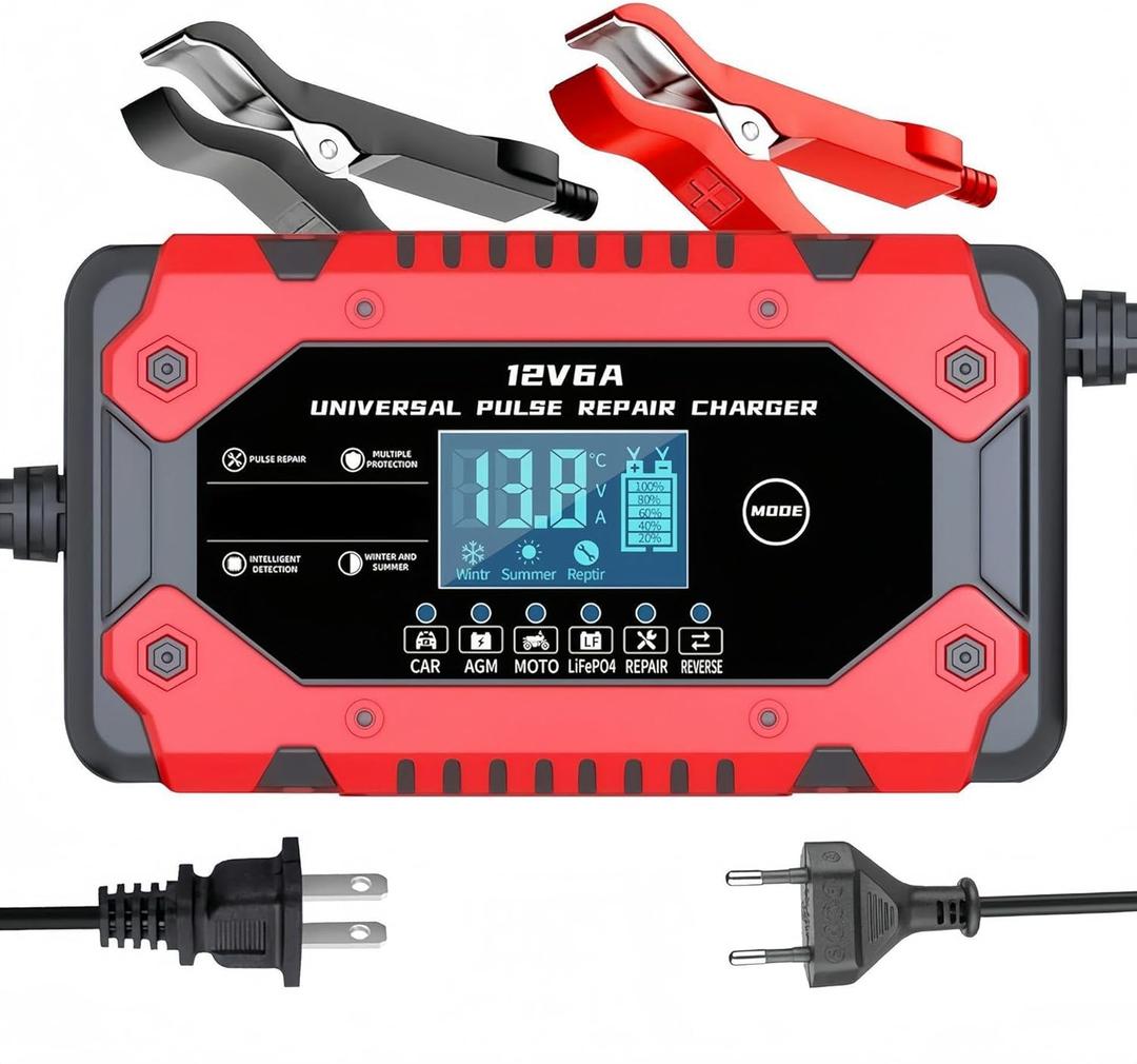Battery Charger 6-Amp 12V Automatic Smart Battery Trickle Charger, Battery Maintainer Desulfator with Temperature Compensation for Car Truck Motorcycle Lawn Mower Marine