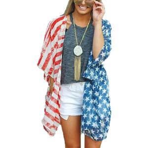4th of July Women's American Flag Print Kimono Cover Up Tops Shirt (Red/White/Blue)