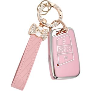 Key Fob Cover for Volkswagen with Keychain, Soft TPU Protection Car Key Case for VW Tiguan Atlas Taos SEL Jetta GLI Passat Arteon Golf Alltrack Remote Start Smart Key (Pink) (Model 1)