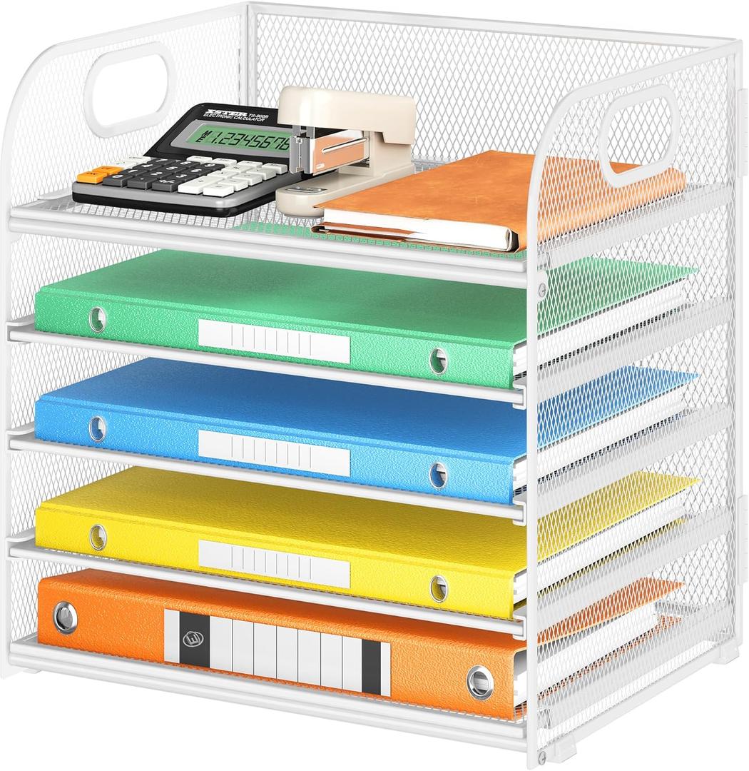 Lavatino 5 Tray Paper Organizer Letter Tray with Handle - Mesh Desk File Organizer, Paper Sorter Organizer for Office, Home or School File Folder Holder - White