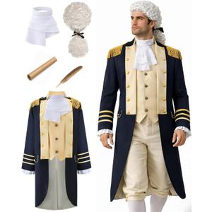 Founding Father Costume for Men Colonial Costume Outfit Revolutionary War General Uniform for Halloween DressUp (Blue, S)